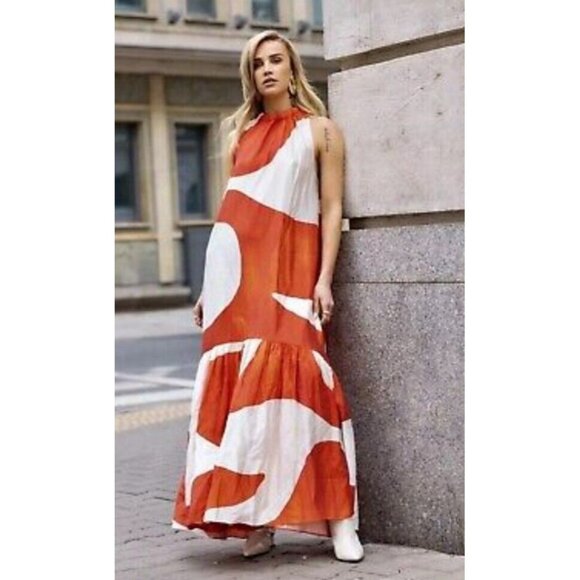 H&M Voluminous maxi dress Summer 2024 Collection (orange/Patterned) Size XXL - Picture 13 of 16